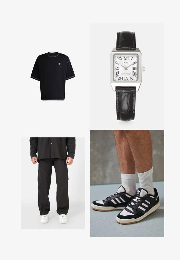 Czarna bawełniana koszulka z krótkim rękawem. Posiada okrągły dekolt oraz białe akcenty ściegów. Małe białe logo Adidas na lewej piersi.; Czarne spodnie o prostym kroju, z bocznymi kieszeniami i subtelnymi detalami stębnowania, w połączeniu z białymiSneakersami.; Czarno-białe sneakersy z zamszową i skórzaną cholewką, z trzema białymi paskami, perforowanym czubkiem i gumową podeszwą w kolorze gumy.; Srebrny kwadratowy zegarek z białą tarczą, czarnymi cyframi rzymskimi i napisem "ODPORNY NA WODĘ". Czarny skórzany pasek o fakturowanej powierzchni.