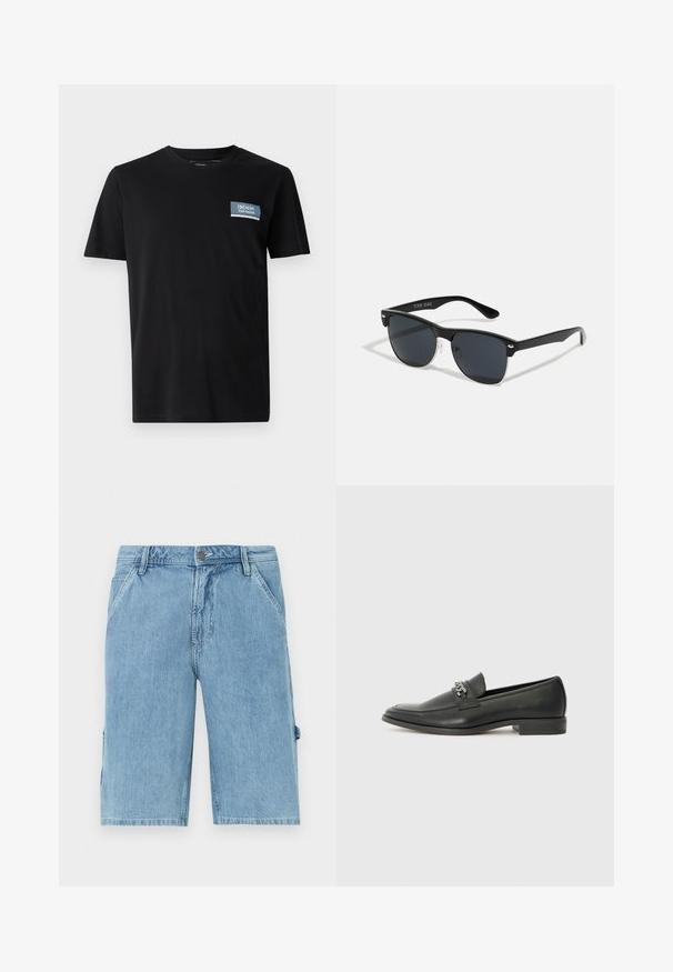 Čierne tričko s krátkym rukávom vyrobené z mäkkej látky, s modrým obdĺžnikovým nášivkom s textom "DENIM TOM TAILOR" na ľavej hrudi.; Svetlomodré džínsy s rovnými nohavicami, so prednými vreckami a bočným cargo vreckom, s vyblednutou textúrou a pútkami na opasok.; Čierne kožené loafers s hladkým povrchom, s prešitým dizajnom a dekoratívnym kovovým reťazovým akcentom cez priehlavok. Plochý podpätok.; Čierne slnečné okuliare s obdĺžnikovým tvarom, tmavými sklami, striebornými akcentmi na bočných okrajoch a matným povrchom rámu.