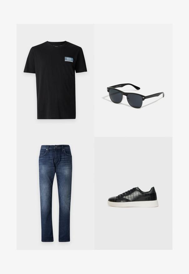 Czarny t-shirt z krótkim rękawem wykonany z miękkiego materiału, z niebieską prostokątną naszywką z napisem "DENIM TOM TAILOR" na lewej piersi.; Granatowe dżinsy z prostymi nogawkami, z przetarciami, pięcioma kieszeniami i widocznymi przeszyciami wzdłuż szwów.; Czarne sneakersy z teksturowaną cholewką ze skóry z tłoczeniem w kształcie krokodyla, okrągłym noskiem oraz kontrastującą białą gumową podeszwą o gładkim wykończeniu.; Czarne okulary przeciwsłoneczne o prostokątnym kształcie, ciemnych soczewkach, srebrnych akcentach na zausznikach oraz matowym wykończeniu oprawki.