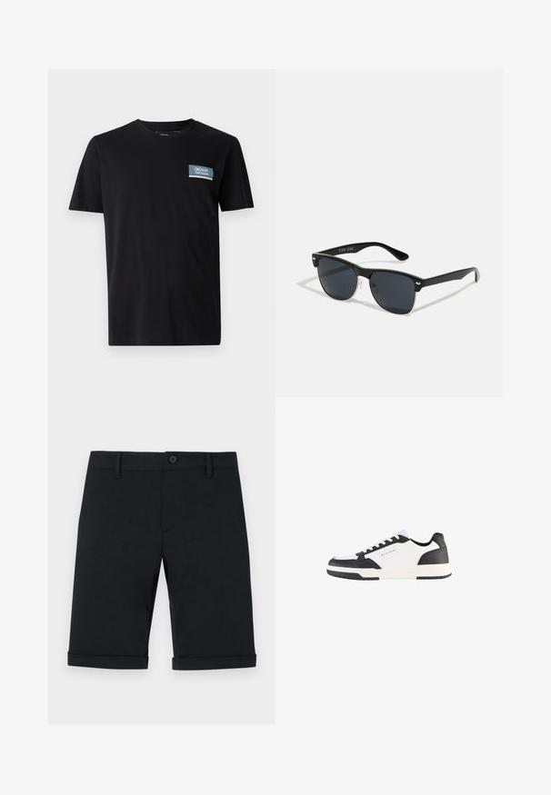 Melna īsām piedurknēm t-kreklu, kas izgatavots no mīksta auduma, ar zilu taisnstūra plāksteri ar tekstu "DENIM TOM TAILOR" kreisajā krūtī.; Melni kokvilnas šorti ar pogu aizdari, ar plakanu priekšpusi, sarullētām piedurknēm un aizmugurējām kabatām. Gluda tekstūra un pielāgota piegriezuma.; Biezie un melni sporta apavi ar gludu ādas virsu, kontrastējošiem akcentiem, teksturētu gumijas zoli un ar zīmola etiķeti sānos.; Melnas saulesbrilles ar taisnstūra formu, tumšiem stenģiem, sudraba akcentiem pie tempļiem un matētu apdari uz rāmja.