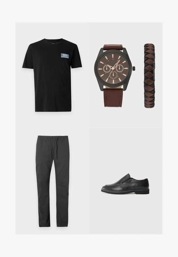 Black short-sleeve t-shirt made from soft fabric, featuring a blue rectangular patch with the text "DENIM TOM TAILOR" on the left chest.; Black, lightweight pants with an elastic waistband and drawstring. Features tapered legs and side pockets for practicality.; Black leather slip-on shoe with a smooth upper, stitched accents, rounded toe, and a low rubber heel. Sole features minimal tread.; Pier One SET - Watch - black/brown