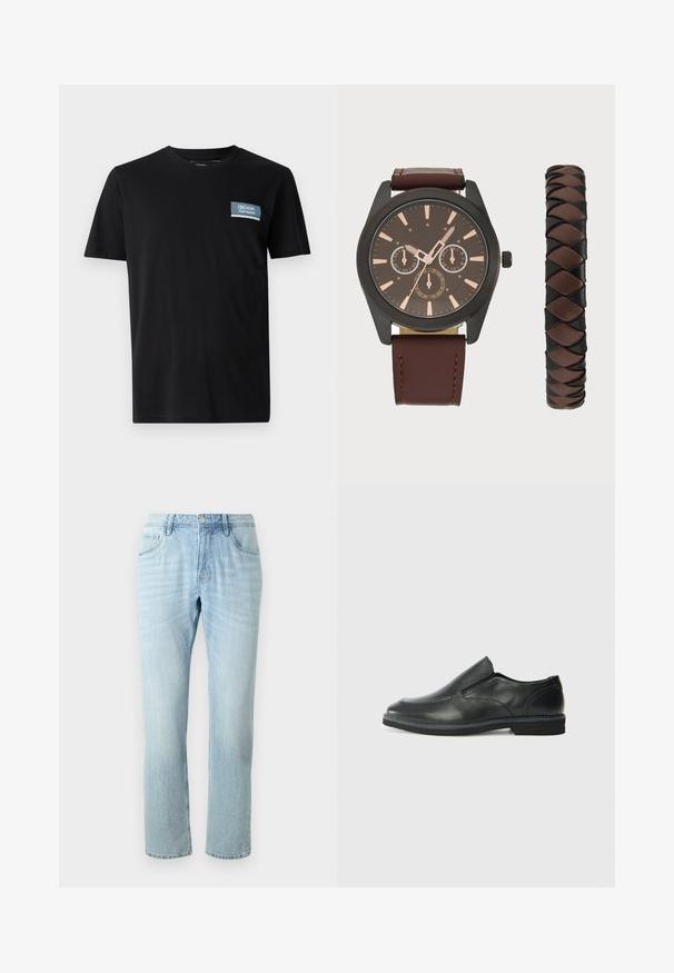 T-shirt nero a maniche corte realizzato in tessuto morbido, con una toppa rettangolare blu recante la scritta "DENIM TOM TAILOR" sul lato sinistro del petto.; Jeans di denim blu chiaro con un design a gamba dritta, caratterizzati da cinque tasche, un leggero sbiadimento e un bottone metallico in vita.; Scarpa nera in pelle con inserto scivolare, superiore liscio, dettagli cuciti, punta arrotondata e tacco in gomma basso. La suola presenta un battistrada minimale.; Pier One SET - Orologio - black/brown
