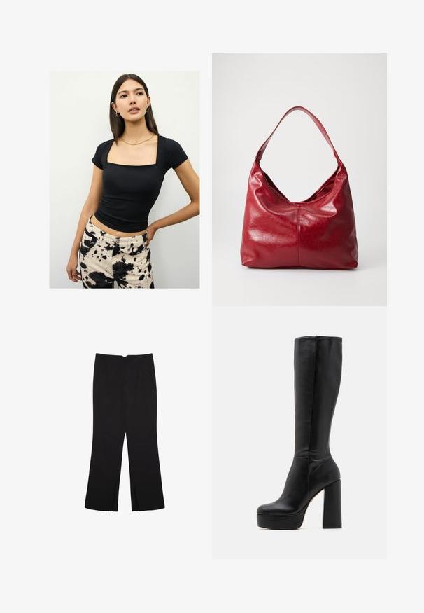 Čierne priliehavé tričko s hranatým výstrihom a krátkymi rukávmi. Skombinované s nohavicami s vysokým pásom, ktoré majú vzor čiernych a krémových striekancov.; Čierne nohavice so strihom rovného strihu, s prednými vreckami a bočnými rozparkami na leme. Vyrobené z mäkkej, hladkej tkaniny. Vhodné na rôzne príležitosti.; Čierne kožené čižmy po kolená s hladkým povrchom a textúrovaným zakončením, s vysokým blokovým podpätkom a okrúlym špičkovým dizajnom.; Červená kožená hobo taška s mäkkým, textúrovaným povrchom, jedným ramenným popruhom a zaobleným, voľným tvarom.