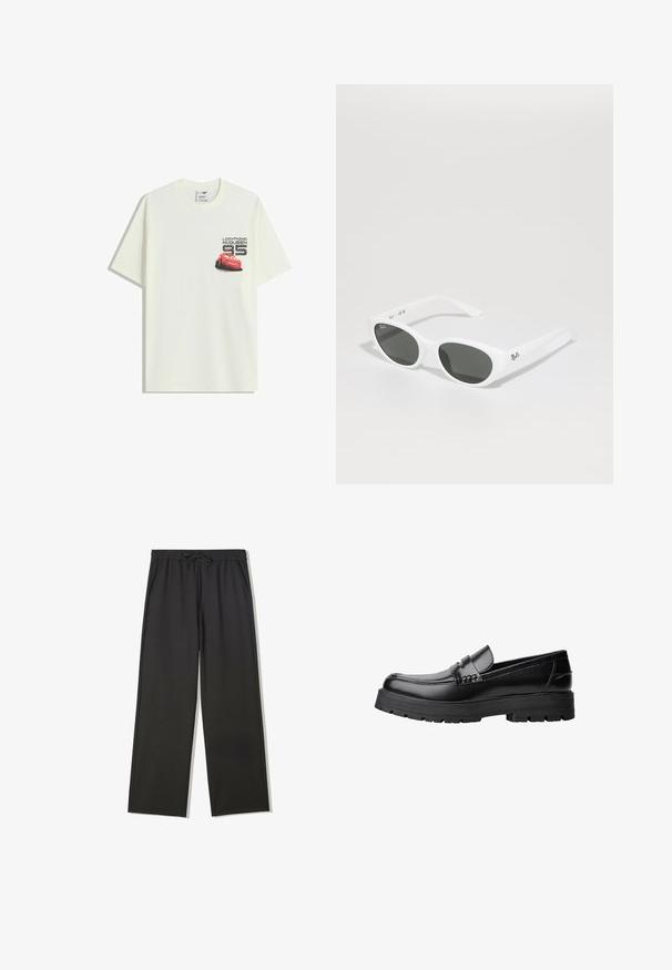 Bela kratka majica s kratkimi rokavi z majhno grafiko rdečega avtomobila Lightning McQueen in besedilom "Lightning McQueen 95" na levem prsnem delu.; Črne hlače z elastiko v pasu, vrvico za zategovanje in stranskimi žepi, z lahkotnim krojem in ravnimi nogami.; Črne usnjene loafersice s debelim profiliranim podplatom in dekorativnim pasom čez zgornji del, prikazane v levem stranskem profilu na beli podlagi.; Bela sončna očala s okroglimi okvirji in temnimi lečami. Imajo gladko plastično teksturo in majhen logo na ročaju.