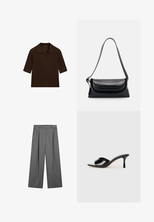 Bruine polo met korte mouwen van ribbelstof, platte kraag en een sluiting met drie knopen, met een ontspannen pasvorm en subtiel gebreid patroon.; Grijze wijde broek met verticale streepdessin, geplooide voorkant en een tailleband ontworpen voor comfort. Gladde stof en op maat gemaakte snit.; Zwarte leren hoge hakken mules met een open teen ontwerp en een brede, gebogen bovenband. Gladde textuur en gestroomlijnde silhouette.; Zwarte leren handtas met een gestructureerde vorm, een gladde textuur en een enkele schouderband. Heeft een subtiele, afgeronde klepontwerp.