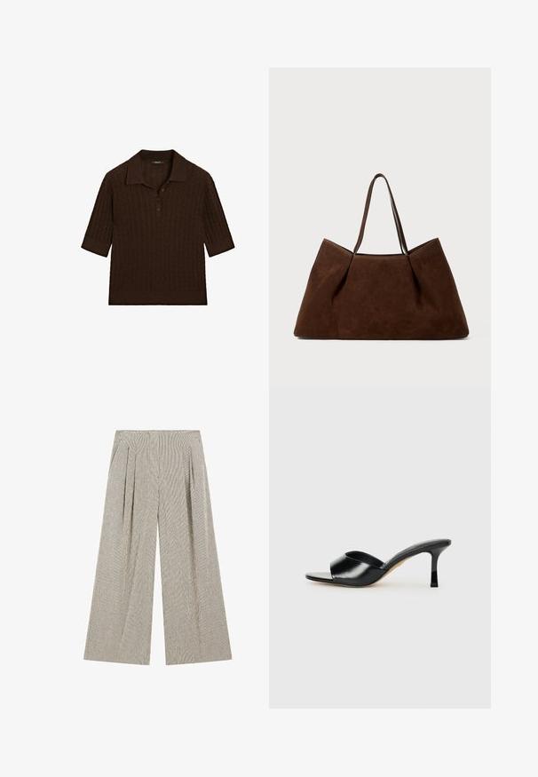 Brązowa koszulka polo z krótkim rękawem, z prążkowanym materiałem, płaskim kołnierzykiem i trzy guziki, o luźnym kroju i subtelnym wzorze dzianinowym.; Spodnie o szerokich nogawkach wykonane z fakturowanej tkaniny w stonowanym szarym kolorze z delikatnymi pionowymi paskami, z plisami w talii dla dodatkowego efektu.; Czarne skórzane mule na wysokim obcasie z otwartym noskiem i szerokim, zakrzywionym paskiem górnym. Gładka tekstura i elegancka sylwetka.; Brązowa zamszowa torba tote z dwoma uchwytami na ramię, pojemna, prostokątna forma i minimalistyczny design. Miękka tekstura o gładkim wykończeniu.