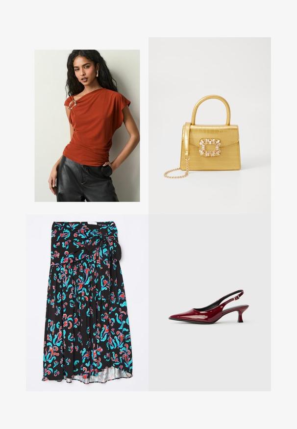 Majica boje rđe s vrećastim materijalom, asimetrični dekolte i dekorativna zlatna kopča na jednom ramenu. Uparena s crnim hlačama.; Crna midi suknja s jarkim cvjetnim uzorkom u crvenoj i tirkiznoj boji, s remenom na vezanje i plisiranim dizajnom za dodatnu teksturu.; Burgundijske lakirane kožne sandale s otvorenom petom, špicastim prstom i elegantnom stiletto potpeticom. Dizajn s otvorenim leđima s podešavakom oko gležnja.; Žuta torbica od umjetnog krokodila sa strukturiranim dizajnom, gornjom ručkom, odvojivim lančićem i dekorativnim kristalnim ukrasom na kopči.