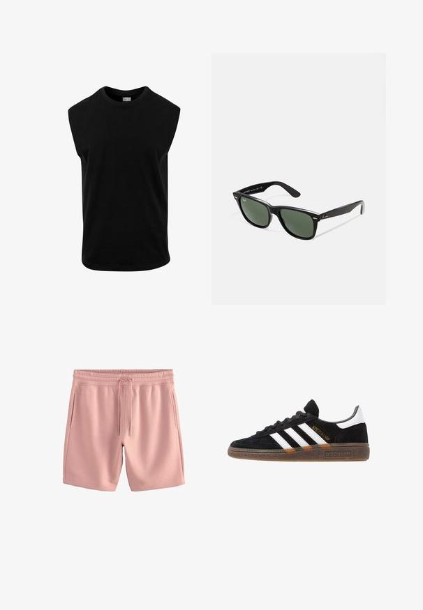 Czarna bezrękawnikowa koszulka z bawełny, z okrągłym dekoltem i gładką teksturą o prostym kroju. Brak widocznych wzorów.; Jasnoróżowe szorty wykonane z miękkiego materiału, z elastycznym paskiem w talii i regulowanym sznurkiem. Posiadają dwie boczne kieszenie i luźny krój.; Czarny sneaker Adidas z białymi paskami, złotym napisem "Spezial", gumową podeszwą i białym elementem przy pięcie, przedstawiony w widoku z profilu.; Czarne plastikowe okulary przeciwsłoneczne z zielonymi szkłami, kwadratowe oprawki, srebrny akcent na brwi oraz fakturowane ramiona temple. Nazwa marki podana na wewnętrznej stronie ramion.
