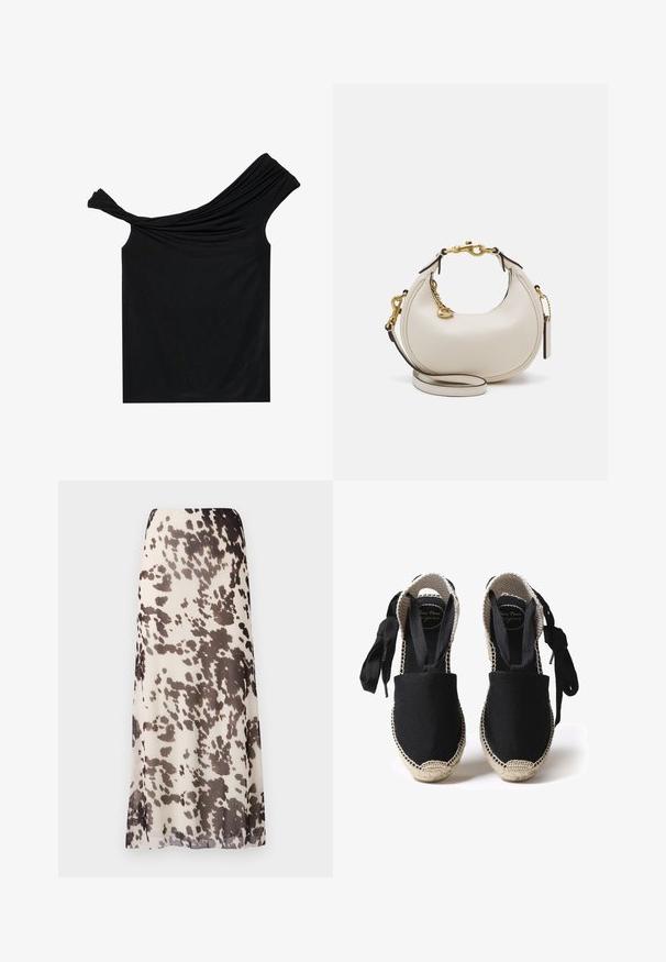 Melna off-shoulder blūze, izgatavota no mīksta auduma. Ar savītiem dizaina elementiem apkaklī un pieguļošu siluetu.; Maksikleit, kas izgatavota no viegla, caurspīdīga auduma, ar bēša pamatni un tumši brūniem abstraktiem pleķiem, ar taisnu siluetu.; Melni kanvasu espadrilles ar jutu zoli un austu malām. Saišu izgatavotas no tā paša melnā auduma, lai nodrošinātu pielāgojamu piegulšanu. Aizvērtas pirkstu daļas dizains.; Krēma krāsas ādas rokassoma ar pusmēness formas dizainu, zelta metalizējumu, melniem akcentiem un noņemamu siksnu. Iespējas ietver ķēdes detaļu un birku.