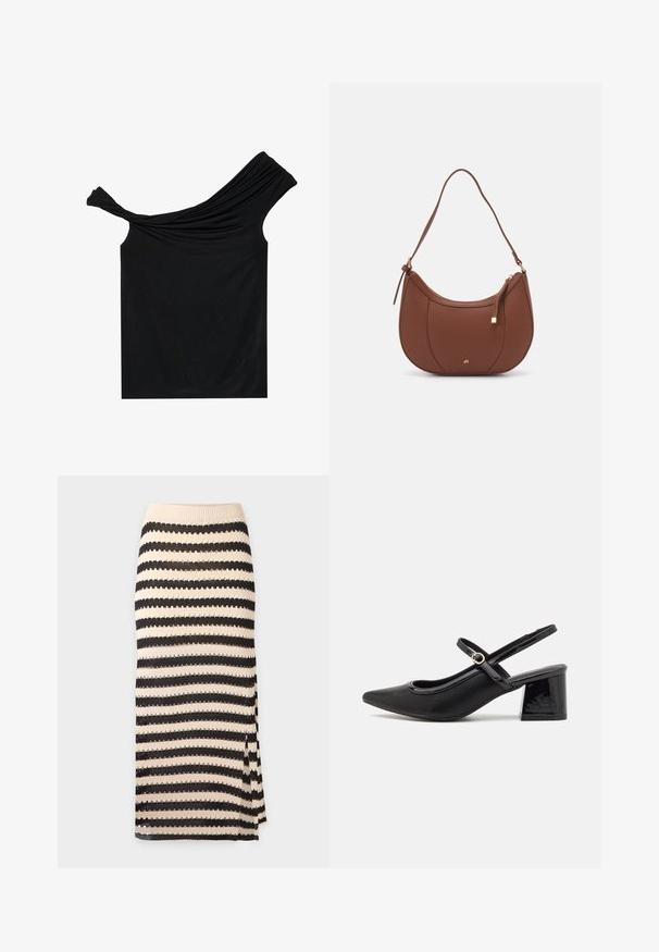 Čierny top bez ramienok vyrobený z mäkkej tkaniny. Má skrútené detaily pri výstrihu a priliehavý strih.; Pletená ceruzková sukňa s horizontálnymi čiernymi a béžovými pruhmi, vlnitou textúrou a bočným rozparkom pre pridaný detail.; Čierne lakované kožené lodičky so slingback dizajnom, špicatou špičkou, zaobleným výrezom a blokovým podpätkom. Obsahuje akcent zlatého tónu s prackou.; Hnedá umelá kožená taška cez rameno s zakriveným tvarom, minimalistickým šitím a zlatými akcentami. Obsahuje zips na vrchu a nastaviteľný popruh.
