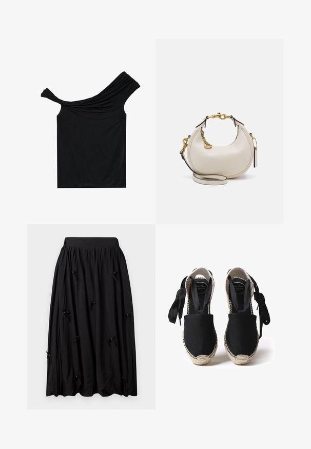 Musta off-shoulder toppi, joka on valmistettu pehmeästä kankaasta. Sisältää kiertyneen yksityiskohdan kaula-aukossa ja istuvan siluetin.; Mustat hameet, jotka on valmistettu pehmeästä kankaasta, jossa on koottu vyötärö, polvipituinen muotoilu ja pieniä ristikkäin solmittuja nauhoja helmiä väliin. ; Mustat kangaskengät, joissa on juuttipohja ja kudotut reunat. Soljet tehdään samasta mustasta kankaasta säädettävää istuvuutta varten. Suljettujen varvasosien design.; Kreemivärvi nahast käekott, millel on poolkuuline kuju, kuldne riistvara, mustad aktsendid ja eemaldatav rihm. Omab aheladetaile ja silt.