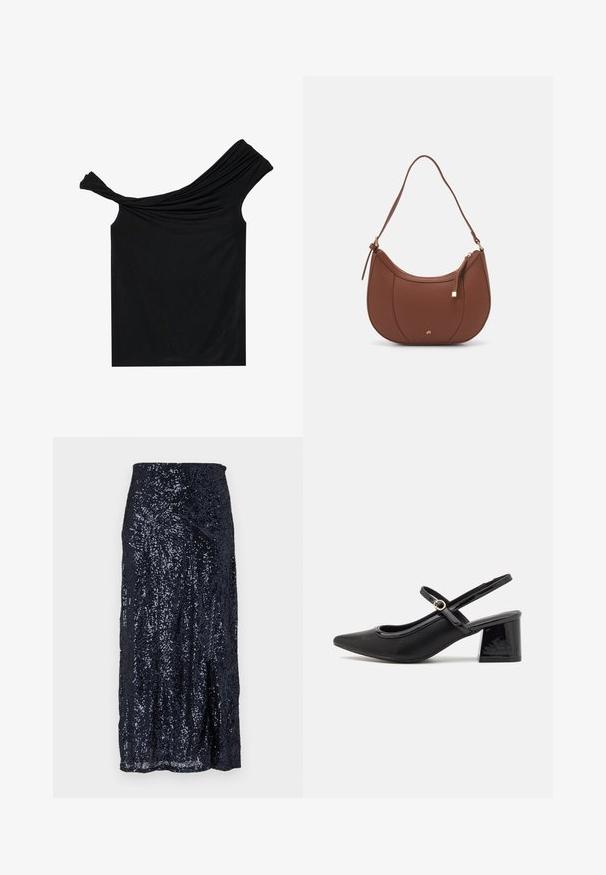 Top negru fără umeri, realizat dintr-un material moale. Prezintă detalii răsucite la gât și o siluetă ajustată.; Fustă midi din paiete navy, cu o textură suavă, având un tiv ajustat și o evazare ușoară la margine. Desenul creează modele reflectorizante.; Cizme cu toc slingback din piele sintetică lacuită neagră, cu vârful ascuțit, un design cu decupaj rotunjit și toc bloc. Include un accent cu cataramă de culoare aurie.; Geantă de umăr din piele ecologică maro, cu o formă curbată, cusături minime și un accent din metal auriu. Are un închidere cu fermoar în partea de sus și o curea ajustabilă.