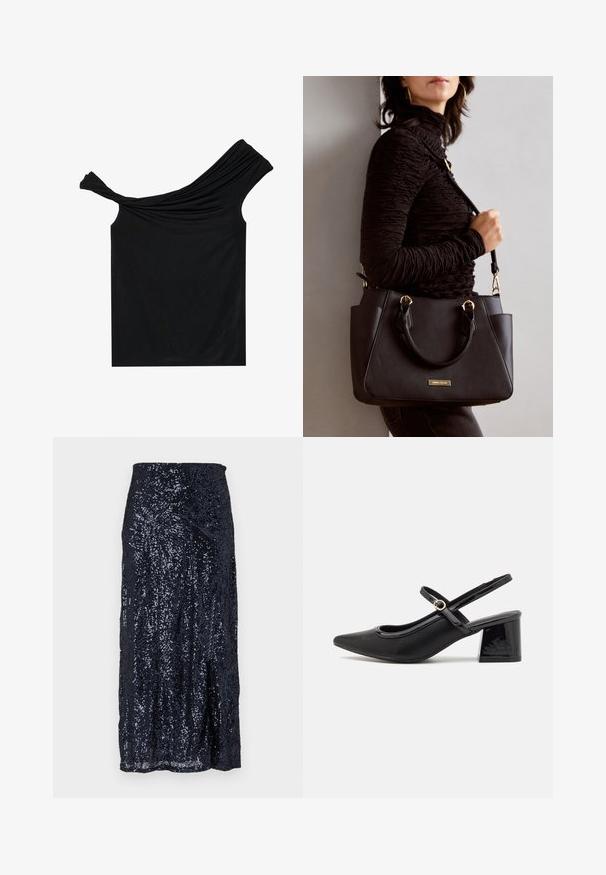 Melna off-shoulder blūze, izgatavota no mīksta auduma. Ar savītiem dizaina elementiem apkaklī un pieguļošu siluetu.; Zila sequīna midi svārki ar gludu tekstūru, kas izceļas ar pieguļošu jostu un vieglu izplūšanu apakšmalā. Dizaini veido atstarojumus.; Melns patentēts ādas sandales ar norādīta pirksta formu, noapaļotu izgriezuma dizainu un bloķētu papēdi. Iezīmēta ar zelta toņa sprādzi.; Melnā rokassoma ar teksturētu virsmu, diviem augšējiem rokturiem un regulējamu pleca siksnu. Iespējas ar zelta krāsas aparatūru un sānu kabatām.