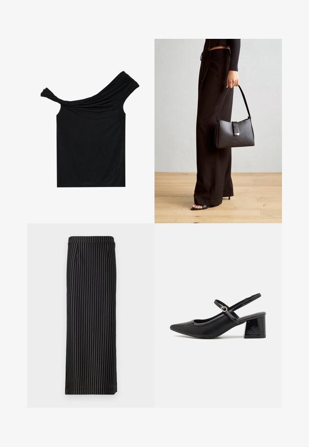Svart avtakbar topp laget av et mykt stoff. Har vridd detaljering ved halslinjen og en tettsittende silhuett.; Svart blyantskjørt med vertikale striper i hvitt og lyse farger, med midjebånd og to sidelommer. Glatt stofftekstur.; Sorte lakk lær slingback hæler med spiss tå, et avrundet utskjæringsdesign og blokkheel. Har en gulltone spenne som detalj.; Svart håndveske med strukturert form, jevn tekstur og metallisk lås. Kombinert med brede svarte bukser og sandaler med åpen tå på tregulv.