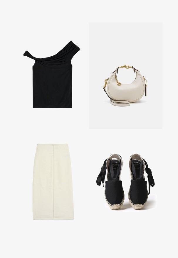 Blusa negra sin hombros hecha de una tela suave. Presenta un detalle retorcido en el escote y una silueta ajustada.; Larga falda de marfil hecha de un tejido texturizado, con un diseño recto y una costura central en la parte trasera. Sin herrajes visibles ni patrones.; Espadrilles de lona negra con suela de yute y bordes trenzados. Cintas del mismo tejido negro para un ajuste ajustable. Diseño de puntera cerrada.; Bolso de mano de cuero crema con forma de media luna, herrajes dorados, acentos negros y una correa desmontable. Cuenta con un detalle de cadena y una etiqueta.