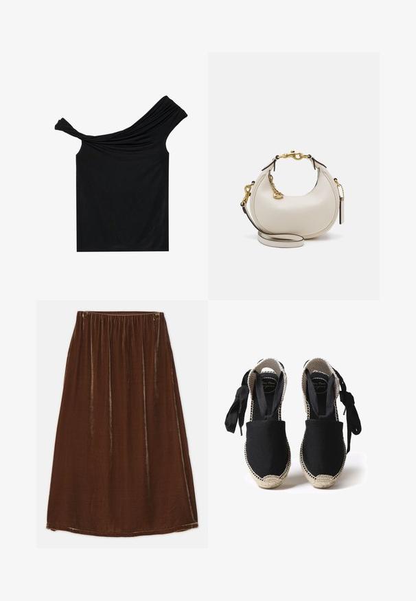 Black off-shoulder top made from a soft fabric. Features twisted detailing at the neckline and a fitted silhouette.; By Malene Birger BOSHAN - A-line skirt - bison; Black canvas espadrilles featuring a jute sole and woven edges. Ties made of the same black fabric for adjustable fit. Closed-toe design.; Cream leather handbag with a crescent shape, gold hardware, black accents, and a removable strap. Features a chain detail and tag.
