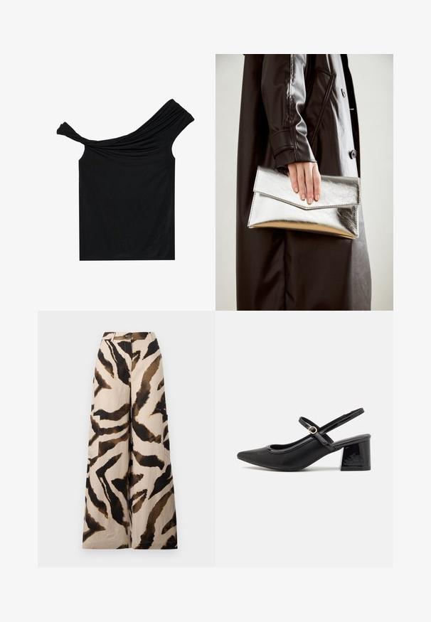 Top nero senza spalline realizzato in un tessuto morbido. Presenta dettagli intrecciati nella scollatura e una silhouette aderente.; Trouser a gamba larga realizzate in un tessuto leggero, con una base beige e un motivo a strisce di tigre marroni e nere, complete di tasche laterali.; Décolleté in vernice nera con cinturino dietro, punta affusolata, design con ritagli arrotondati e tacco a blocco. Presenta un accento di fibbia tono oro.; Clutch metallico argento con un design a busta angolare, texture liscia e colore interno a contrasto, tenuto in mano da una persona che indossa un cappotto nero.