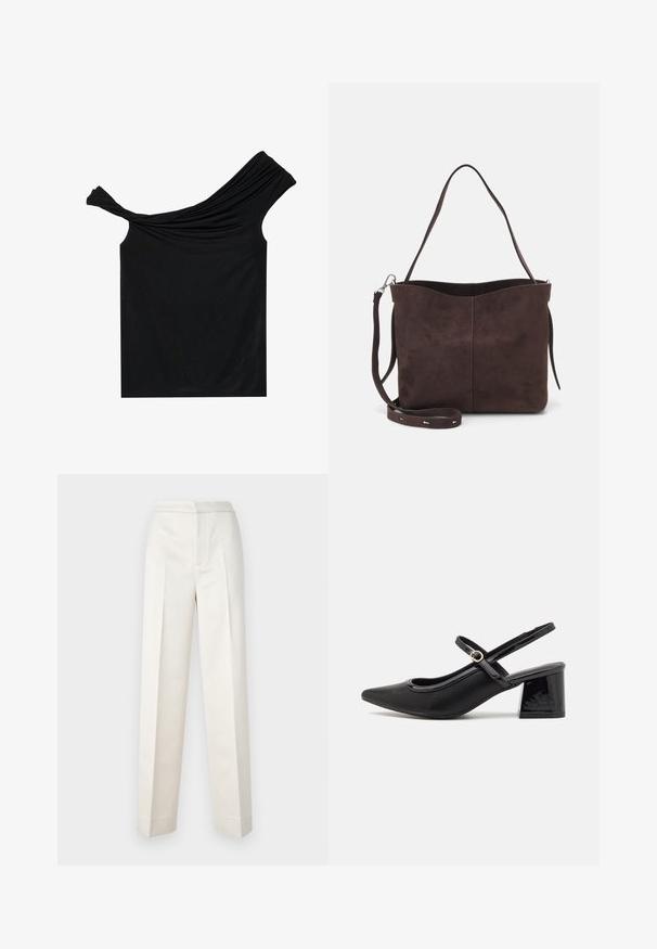 Fekete, vállnélküli felső, puha anyagból készült. Csavarodott részletekkel rendelkezik a nyakvonalon és formás szabású.; Krémszínű nadrág, szabott fazonnal, egyenes szárakkal, sima anyagból, elöl pliszírozott és letisztult szegéllyel. Minimális dizájn.; Fekete lakk bőr, pántos magassarkú cipő, hegyes orral, lekerekített kivágással és tömbsarkal. Arany színű csat díszíti.; Barna velúrbőr táska puha tapintással, egyetlen vállpánttal és finoman ívelt felső nyitással. Nincs látható fémrész.