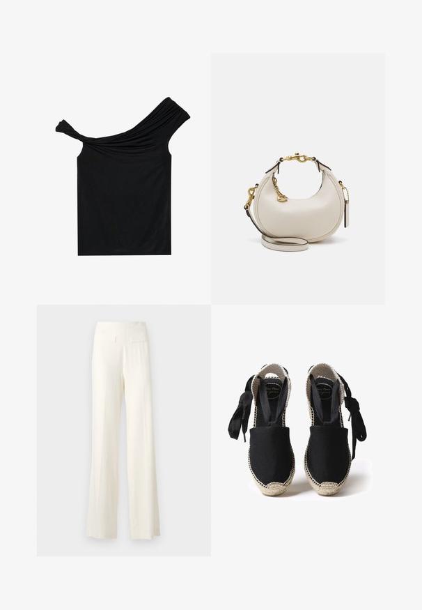 Melna off-shoulder blūze, izgatavota no mīksta auduma. Ar savītiem dizaina elementiem apkaklī un pieguļošu siluetu.; Platas kājas bikses krēmkrāsā ar teksturētu audumu, kas funkcionē ar smalkām vertikālām līnijām un divām aizmugurējām kabatām.; Melni kanvasu espadrilles ar jutu zoli un austu malām. Saišu izgatavotas no tā paša melnā auduma, lai nodrošinātu pielāgojamu piegulšanu. Aizvērtas pirkstu daļas dizains.; Krēma krāsas ādas rokassoma ar pusmēness formas dizainu, zelta metalizējumu, melniem akcentiem un noņemamu siksnu. Iespējas ietver ķēdes detaļu un birku.