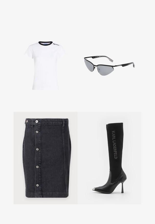 Biely bavlnený tričko s krátkymi rukávmi, čierny rebrovaný golier a čierne logá textu na ľavom pleci. Klasický strih, hladká textura.; Tmavomodrá džínsová sukňa s rovného strihu, strieborné cvoky pozdĺž prednej časti a jemné švy na líniách.; Čierne čižmy po kolená s elastickým pleteným zvrškom, špicatou špičkou, kovovým opätkom a cvokovanými detailmi. Vlastnosti: logo vykladané kryštálmi na plochu.; Čierne slnečné okuliare s ostrým, mačacím dizajnom. Strieborné zrkadlové šošovky. Úzke, ľahké plastové rámy s diskrétnym brandingom na spánkoch.