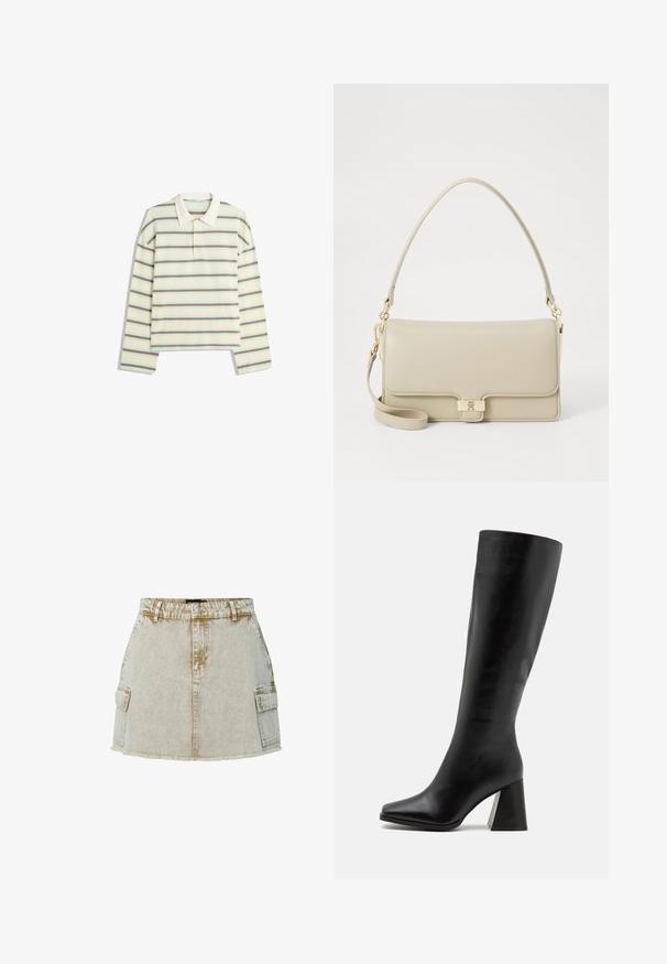 Polo à manches longues en crème avec des rayures horizontales marron et bleu clair. Il présente un col classique et une patte de boutonnage à trois boutons.; Jupe en denim beige avec un ourlet effiloché, deux poches latérales et une fermeture à boutons classique. Le tissu a une finition légèrement texturée.; Cuissardes noires en cuir lisse, avec un bout carré et un talon épais et texturé. Design simple et épuré.; Sac à main en cuir beige avec une forme structurée, fermoir en métal doré et une bandoulière amovible. Texture lisse et design minimaliste.
