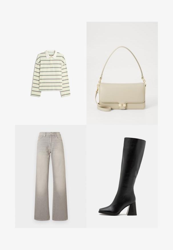 Polo à manches longues en crème avec des rayures horizontales marron et bleu clair. Il présente un col classique et une patte de boutonnage à trois boutons.; Jean large gris avec une finition délavée, fermeture à bouton, design à cinq poches et coutures conçues le long des coutures.; Cuissardes noires en cuir lisse, avec un bout carré et un talon épais et texturé. Design simple et épuré.; Sac à main en cuir beige avec une forme structurée, fermoir en métal doré et une bandoulière amovible. Texture lisse et design minimaliste.
