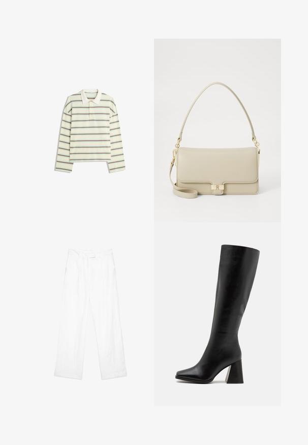 Pitkähihaisessa kerrosspaidassa on vaalean kerma väri, jossa on vaakasuoria ruskeita ja vaaleansinisiä raitoja. Paidassa on klassinen kaulus ja kolmen napin suljenta.; Valkoiset pellavahousut, joissa on löysä fit, suora lahkeellinen muotoilu, etutaskut ja litteä vyötärö. Sileä rakenne kauttaaltaan.; Musta polvipituinen saapas, joka on valmistettu sileästä nahasta, ja siinä on neliönmuotoinen kärki sekä tukeva, teksturoitu korko. Yksinkertainen ja virtaviivainen muotoilu.; Beige nahkalaukku, jossa on jämäkkä muoto, kultaiset metalliosat ja irrotettava olkahihna. Sileä pinta ja minimalistinen muotoilu.
