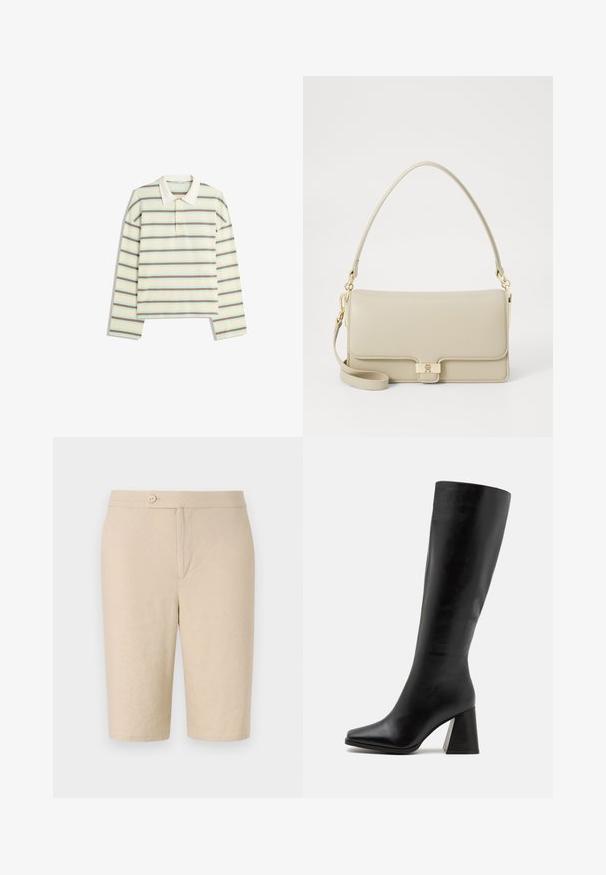 Krátky rukáv polo tričko v krémovej farbe s horizontálnymi pruhmi v hnedej a svetlomodrej farbe. Má klasický golier a trojradový zapínací systém.; Béžové ľanové šortky s predným zapínaním na gombík, dvoma bočnými vreckami a rovnými nohavicami, so hladkým povrchom a jednoduchým dizajnom.; Čierne kožené vysoké čižmy po kolená s hladkým povrchom, so štvorcovou špičkou a robustným, textúrovaným opätkom. Jednoduchý a elegantný dizajn.; Bežová kožená kabelka so štruktúrovaným tvarom, s kovovým zlatým uzatváraním a odnímateľným ramenným popruhom. Hladká textura a minimalistický dizajn.