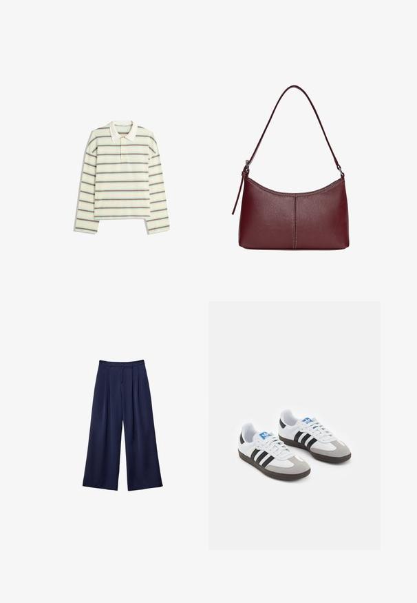Polo z długim rękawem w kremowym kolorze z poziomymi paskami w brązowym i jasnoniebieskim. Wyposażony w klasyczny kołnierzyk i zapięcie na trzy guziki.; Granatowe spodnie typu wide-leg z plisami, zapinane w pasie na guziki, z szlufkami na pasek, pokazane na płasko na białym tle.; Buty sportowe z białą skórzaną cholewką, szarym zamszowym noskiem i trzema czarnymi paskami. Posiadają niebieskie logo na języku oraz teksturowaną gumową podeszwę.; Bordowa torebka skórzana o zaokrąglonym kształcie, z jednym paskiem na ramię i przeszyciami w centrum. Gładka faktura, minimalna ilość elementów metalowych.