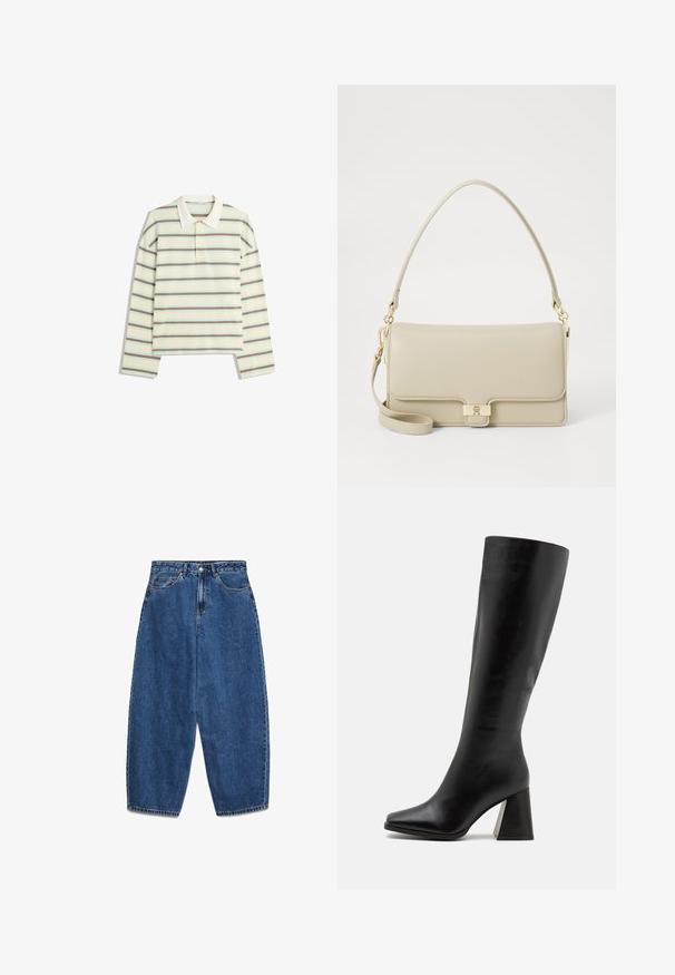 Krátky rukáv polo tričko v krémovej farbe s horizontálnymi pruhmi v hnedej a svetlomodrej farbe. Má klasický golier a trojradový zapínací systém.; Modré denimové rifle s vysokým pásom, voľným strihom a rovnými nohavicami. Klasický dizajn s piatimi vreckami a zapínaním na zips a gombík.; Čierne kožené vysoké čižmy po kolená s hladkým povrchom, so štvorcovou špičkou a robustným, textúrovaným opätkom. Jednoduchý a elegantný dizajn.; Bežová kožená kabelka so štruktúrovaným tvarom, s kovovým zlatým uzatváraním a odnímateľným ramenným popruhom. Hladká textura a minimalistický dizajn.