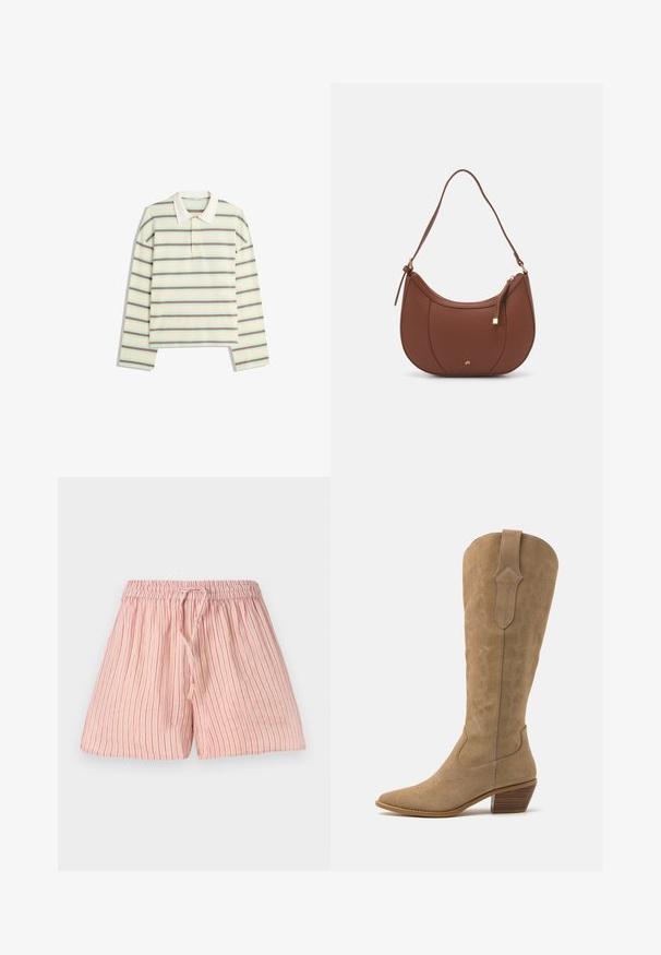 Hosszú ujjú krém színű pólóing, barna és világoskék vízszintes csíkokkal. Klasszikus gallérral és háromgombos pillanattal rendelkezik.; Fény rózsaszín sort, függőleges piros csíkokkal, puha anyagból készült. Rugalmas derékrésszel rendelkezik, amelyhez húzózsinór tartozik a méretállításhoz.; Barna suéd cowboy csizma, hegyes orral, közepes magasságú szárával és díszítő varrással az oldalakon. Stacked fa sarokkal rendelkezik.; Barna műbőr válltáska ívelt formával, minimális varrással és arany színű kiegészítőkkel. Jellemzője a felső cipzáras záródás és állítható pánt.