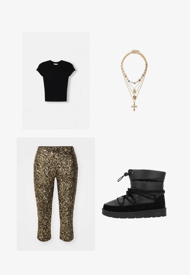 Svart t-shirt med kort ärm gjord av bomull. Tätsittande design, rund hals och slät textur. Inga mönster eller ytterligare detaljer synliga.; Guldsequin capribyxor med en figurnära design och elastisk midja, med en glänsande, texturerad yta som fångar ljuset.; Svart isolerad känga som går upp till knäna, med vadderad överdel, mockadetaljer, tjock gummisula och justerbar snodd för en säker passform.; Guldtonad lagerhalsband med olika pärlor och färgglada ädelstenar, detaljerade hängande smycken inklusive kors och hjärtan.