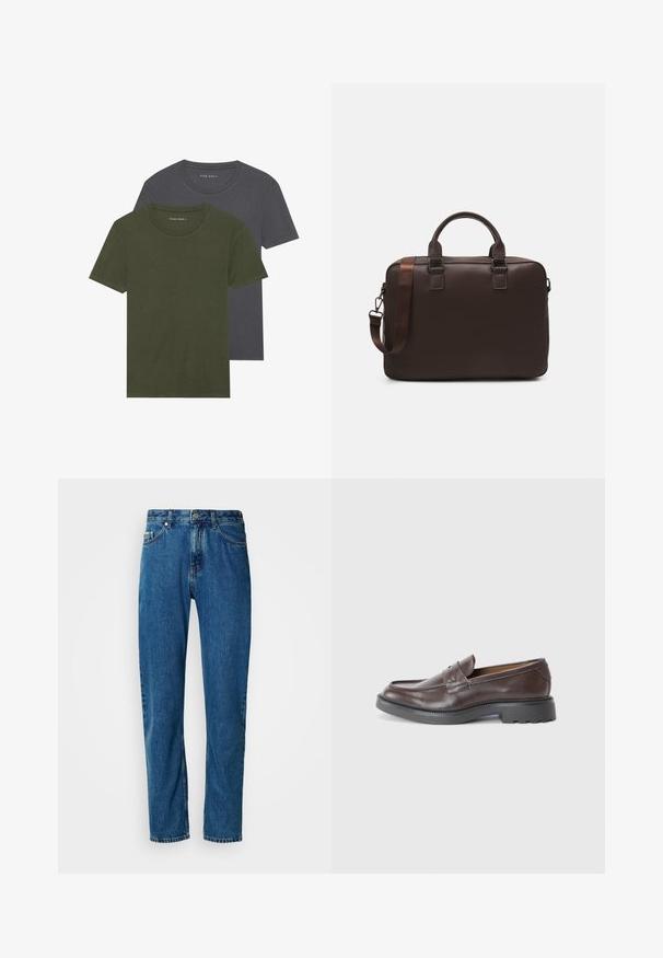 Dve kratke majice s kratkimi rokavi: ena olive zelena in ena temno siva. Narejene iz bombaža, s klasičnim okroglim izrezom in gladko teksturo.; Modre jeans hlače ravnega kroja z petimi žepi in sprednjim gumbom na belem ozadju.; Rjavi usnjeni loafersi z gladko površino, okroglo konico, minimalnim šivom in debelim črnim gumijastim podplatom. Brez vidnih kovinskih delov ali naglasi.; Rjava usnjena torba za prenosni računalnik z teksturirano površino, dvema zgornjima ročajema, nastavljivim trakom in dvema sprednjima sponkama za dodatne podrobnosti.