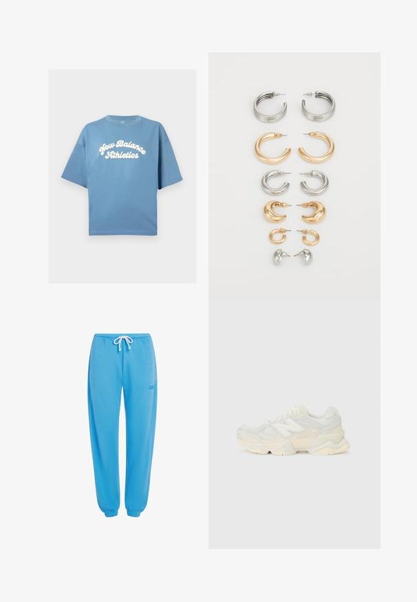 Mėlynas medvilninis marškinėliai su laisvu kirpimu, trumpomis rankovėmis ir apvalia iškirpte. Centrally atspausdintas baltas "New Balance Athletics" logotipas.; Mėlyni džinsai pagaminti iš minkštos medžiagos, turi elastinį juosmenį su reguliuojamu raiščiu ir elastines rankoves ties kulkšnimis.; Lengvas sportinis batelis su tinklinio ir zomšinės viršutine dalimi švelniu kremo atspalviu, turi masyvų pado dizainą ir trimatį akcentą.; Aštuonių metalinių auskarų komplektas sidabro ir aukso atspalviuose. Apima įvairių formų, tekstūrų ir apdailų žiedinius auskarus, išdėstytus pagal dydį.