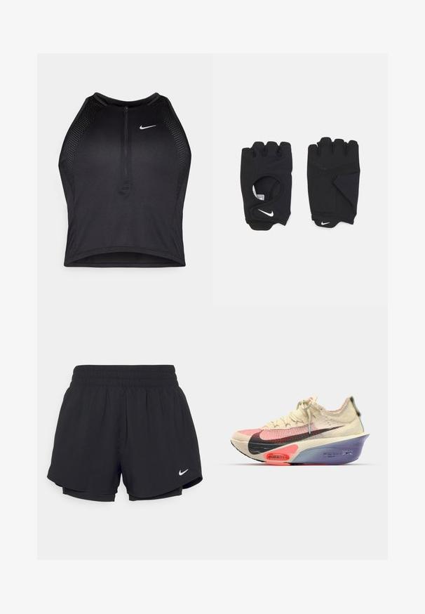 Zwarte atletische crop top met een rits aan de voorkant, mesh accenten en een aansluitend ontwerp. Gemaakt van rekbare, ademende stof. Nike-logo aan de voorkant.; Zwarte atletische crop top met een rits aan de voorkant, mesh accenten en een aansluitend ontwerp. Gemaakt van rekbare, ademende stof. Nike-logo aan de voorkant.; Zwarte sportshorts met een geraffineerde elastische tailleband, binnenvoering en wit Nike-logo aan de onderkant links. Soepele, lichte stof.; Nike hardloopschoen met een ademende bovenkant in roomkleur en roze, zwarte swoosh, levendige roze en paarse accenten en een slanke, gestroomlijnde silhouet.; Zwarte vingerloze handschoenen van rekbaar materiaal, met een open palmontwerp, gripaccenten en het Nike-logo in het wit.
