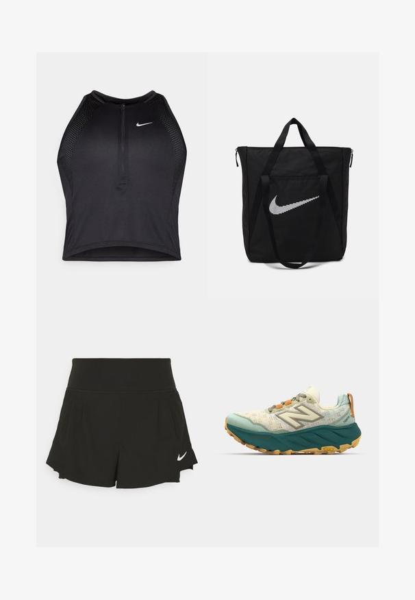 Crop top sportif noir avec fermeture éclair à l'avant, accents en mesh et design ajusté. Fabriqué en tissu extensible et respirant. Logo Nike à l'avant.; Shorts de sport noirs avec une large taille, des détails plissés, un ourlet arrondi et un logo Nike blanc sur le coin inférieur droit.; Chaussure de course pour homme avec une tige en maille légère de couleur crème et turquoise, une semelle turquoise rembourrée et des lacets orange avec des détails réfléchissants.; Sac en nylon noir avec deux poignées robustes et fermeture éclair. Présente un logo Swoosh blanc Nike en design rayé horizontal.