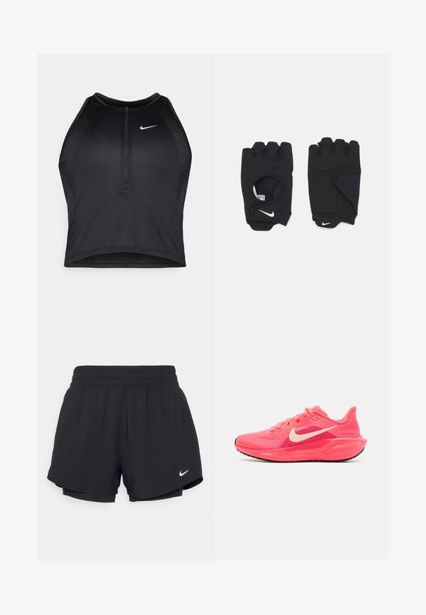 Črn atletski kratki top z zadrgo spredaj, mrežastimi dodatki in prilegajočim dizajnom. Narejen iz raztegljivega, zračnega materiala. Logotip Nike spredaj.; Črne športne pantalone z nabranim elastičnim pasom, notranjo podlogo in belim Nike logotipom na spodnji levi strani. Gladka, lahka tkanina.; Nike Performance AIR ZOOM PEGASUS 41 - Tekaški copati za cesto - pink; Črne brezprstne rokavice iz raztegljivega materiala, z obliko odprtega dlani, s poudarki za oprijem in logotipom Nike v beli barvi.