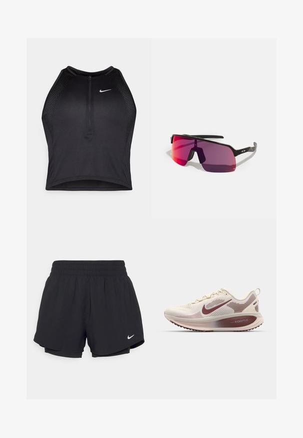 Musta urheilullinen crop-top, jossa on vetoketjukiinnitys, verkkokankaiset yksityiskohdat ja istuva malli. Valmistettu joustavasta ja hengittävästä kankaasta. Nike-logo edessä.; Mustat urheilushortsit, joissa on kootut joustovyötärö, vuori ja valkoinen Nike-logo vasemmassa alakulmassa. Suoraviivainen, kevyt kangas.; Nike Performance VOMERO 18 - Katujuoksukengät - pale ivory/dark team red/red sepia/silt red/phantom; Mustat urheilulasit, joissa on vaaleanpunaisesta purppuraan muuttuvat linssit ja tyylikäs, geometrinen muotoilu. Varustettu säädettävällä nenäosalla ja logo-yksityiskohdalla varressa.