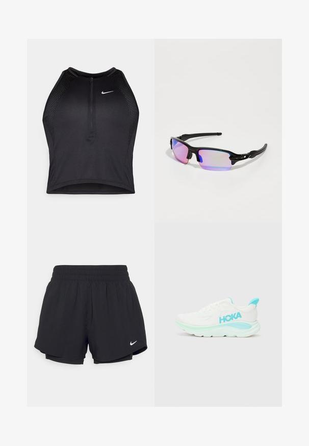 Juodas sportinis trumpas viršus su užtrauktuku priekyje, tinklinėmis detalėmis ir prigludusia forma. Pagamintas iš tamprios, kvėpuojančios medžiagos. Nike logotipas priekyje.; Juodi sportiniai šortai su susiūtu elastingu juosmeniu, vidiniu pamušalu ir baltu „Nike“ logotipu apatiniame kairiajame kampe. Lygus, lengvas audinys.; Balti sportiniai bateliai su šviesiai mėlynais akcentais; tinklinė viršutinė dalis, paminkštintas užkulnis, storas pado vidurys ir struktūruotas paviršius, užtikrinantis sukibimą. Rodyklė HOKA.; Juodos sportinės saulės akinių su blizgia danga, purpurinės atspindinčios lęšiai ir kreivės juodi šventyklos. Rėmelis su logotipu.