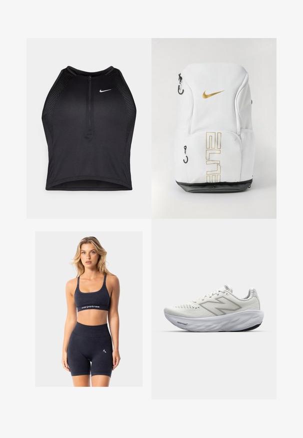 Črn atletski kratki top z zadrgo spredaj, mrežastimi dodatki in prilegajočim dizajnom. Narejen iz raztegljivega, zračnega materiala. Logotip Nike spredaj.; Črn športni crop top z nastavljivimi naramnicami in logotipno obrobo. V kombinaciji z usklajenimi visokimi hlačami, ki imajo majhen logotip.; Bele atletske čevlje z mrežastim zgornjim delom, ki imajo oblazinjen ovratnik, teksturiran podplat in logo "Fresh Foam" na srednjem podplatu.; Nike nahrbtnik v beli barvi z zlatim logotipom in besedilom "ELITE", z zadrgo, mrežastimi stranskimi žepi in črnim dnom. Gladka tekstura.