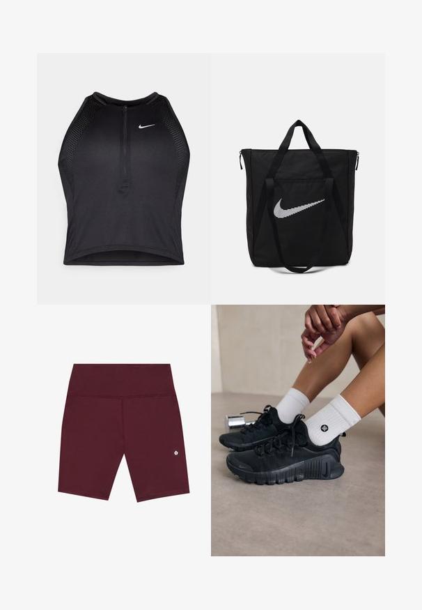 Fekete sportos crop top, elöl cipzárral, hálós kiegészítőkkel és testhez álló kialakítással. Rugalmas, lélegző anyagból készült. Nike logó elöl.; Burgundi színű sportnadrág sima textúrával, széles derékkal és diszkrét logóval az alján. Közép-comb hosszan készült.; Fekete sportcipők texturált anyagból, fűzős kialakítással és hangsúlyos talppal, fehér bordás zoknikkal párosítva, melyek kis logóval rendelkeznek.; Fekete nejlon bevásárlótáska két erős fogantyúval és cipzárral. Jellemzője egy kiemelkedő fehér Nike pipa logó vízszintes csíkozott kialakításban.