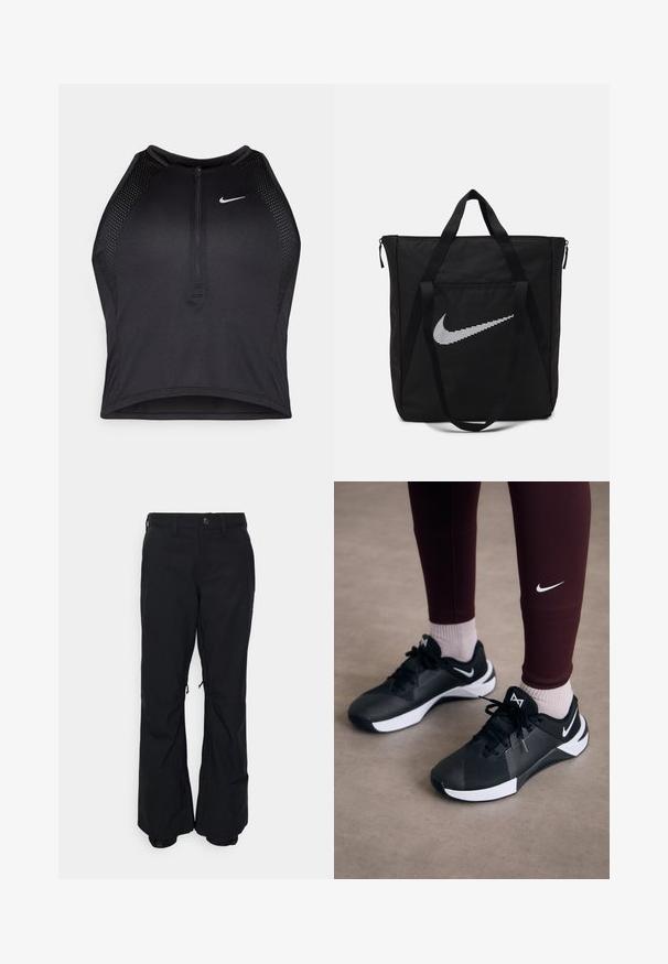 Fekete sportos crop top, elöl cipzárral, hálós kiegészítőkkel és testhez álló kialakítással. Rugalmas, lélegző anyagból készült. Nike logó elöl.; Fekete kültéri nadrág tartós anyagból, egyenes szabással, állítható nadrágszárral és oldalsó zsebekkel a funkcionalitás érdekében.; Fekete sportcipők texturált felsőrésszel és fehér akcentussal, fűzőkkel és oldalsó logóval. Bordó leggingsszel és világos zoknival viselve.; Fekete nejlon bevásárlótáska két erős fogantyúval és cipzárral. Jellemzője egy kiemelkedő fehér Nike pipa logó vízszintes csíkozott kialakításban.