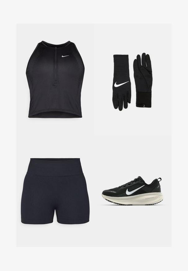 Schwarzes sportliches Crop-Top mit Reißverschluss vorne, Netz-Akzenten und figurnaher Passform. Hergestellt aus dehnbarem, atmungsaktivem Material. Nike-Logo auf der Vorderseite.; Schwarze hoch taillierte Sporthorts aus dehnbarem Material. Verfügt über eine glatte Textur und klare Linien mit einem schlichten Design.; Schwarzer Nike-Laufschuh mit atmungsaktivem Mesh-Obermaterial, weißem Swoosh-Logo, strukturierten Details und einer cremefarbenen ZoomX-Zwischensohle.; Schwarze Sporthandschuhe mit dem weißen Nike-Logo, ausgestattet mit einer strukturierten Grifffläche an den Fingern und aus dehnbarem, enganliegendem Material für hohen Tragekomfort.