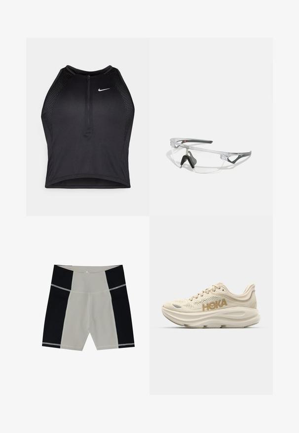 Crop top sportif noir avec fermeture éclair à l'avant, accents en mesh et design ajusté. Fabriqué en tissu extensible et respirant. Logo Nike à l'avant.; Shorts de bain pour hommes avec un panneau central beige et des panneaux latéraux noirs. Fabriqués en tissu lisse avec des coutures contrastantes. Longueur mi-cuisse.; Baskets de course beige clair avec tige en mesh, col rembourré, logo "HOKA" en or bien en évidence, et semelle épaisse et rembourrée pour plus de confort.; Lunettes de sécurité transparentes avec une monture légère et transparente, et des accents gris. Dotées d'un design enveloppant et d'un nez ajustable.