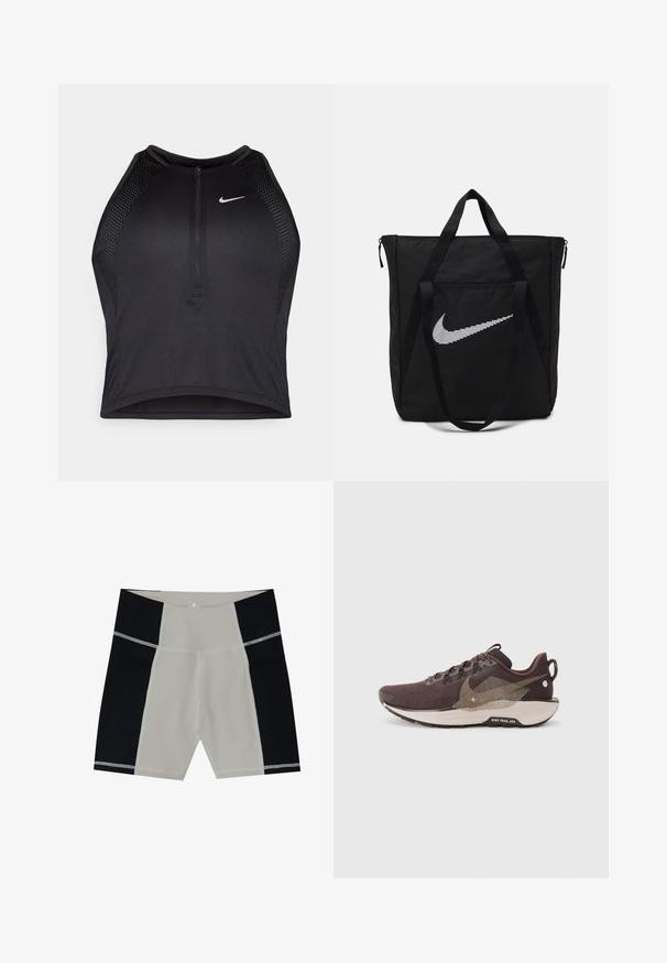 Zwarte atletische crop top met een rits aan de voorkant, mesh accenten en een aansluitend ontwerp. Gemaakt van rekbare, ademende stof. Nike-logo aan de voorkant.; Zwemshorts voor mannen met een beige middenpaneel en zwarte zijpanelen. Gemaakt van gladde stof met contrasterende stiksels. Lengte tot halverwege de dijen.; Donkerbruin hardloopschoen met een gestructureerde mesh bovenwerk, contrasterende lichtbruine accenten, segmentzool en reflecterende details.; Zwarte nylon tas met twee stevige handvatten en ritsluiting. Bevat een opvallend wit Nike swoosh-logo in een horizontaal gestreept design.