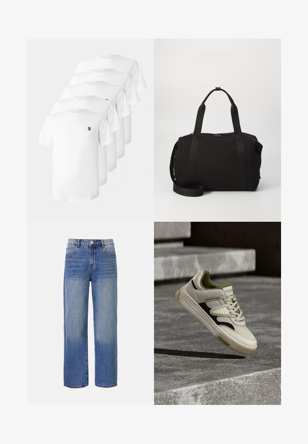 T-shirt bianche di cotone con collo a giro, maniche corte e un piccolo emblema nero sul petto. Cinque magliette esposte in un' disposizione impilata.; Jeans a gamba larga in denim blu chiaro con un motivo di scoloritura, cinque tasche e chiusura con zip. Presentano un bottone e passanti per la cintura in vita.; Sneaker in pelle crema con accenti verde scuro, pannelli testurizzati, striscia laterale nera e una robusta suola in gomma, sollevata sopra una superficie di cemento.; Borsa da viaggio nera con manici spessi e una tracolla removibile. Realizzata in tessuto liscio, presenta una chiusura a zip e un design minimalista.; Set di cinque anelli in argento di diversi design: banda liscia, bande impilate, banda attorcigliata e uno con un'inserto nero. Texture e finiture miste.