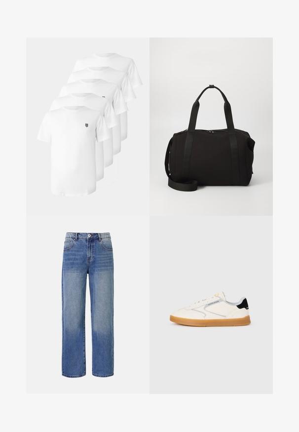 White cotton t-shirts with a crew neck, short sleeves, and a small black emblem on the chest. Five shirts displayed in a stacked arrangement.; Light blue denim wide-leg jeans with a fading pattern, five pockets, and a zip-fly closure. Features a button and belt loops at the waist.; White sneakers with a textured leather upper, grey accents, and a black heel tab. Gum rubber sole with subtle branding. Low-top design.; Black duffel bag with thick handles and a detachable strap. Made of smooth fabric, featuring a zip closure and minimalist design.