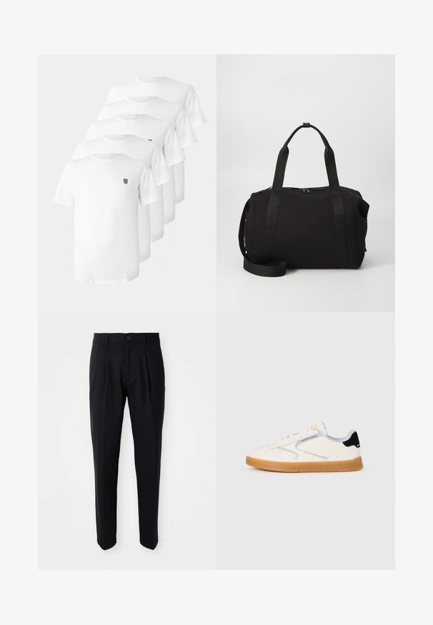 Valkoiset puuvillateepaidat, joissa on pyöreä kaula-aukko, lyhyet hihat ja pieni musta emblem rintapielessä. Viisi paitaa esillä pinottuna.; Mustat räätälöidyt housut, joissa on etupleetit, nappikiinnitys ja vyölenkit, esille pantuna valkoista taustaa vasten.; Valkoiset tennarit, joissa on teksturoitu nahkapäällinen, harmaat yksityiskohdat ja musta kantapäälenkki. Kumipohja ruskean sävyinen, hillityllä brändäyksellä. Matalavartinen malli.; Musta viikonloppulaukku, jossa on paksut kahvat ja irrotettava olkahihna. Valmistettu sileästä kankaasta, jossa on vetoketju suljenta ja minimalistinen muotoilu.; Sarja viittä hopeasormusta erilaisilla muodoilla: sileä rengas, pinotut renkaat, kiertävä rengas ja yksi mustalla sisustuksella. Sekoitus tekstuureja ja viimeistelyjä.