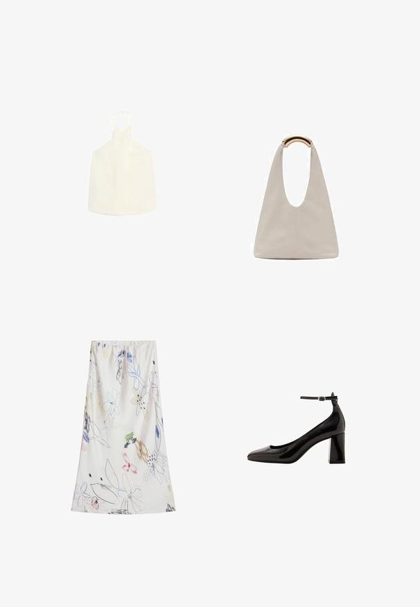 Weißes Halsbandoberteil mit V-förmigem Ausschnitt, Bindeschluss im Rücken und einem glatten, leicht strukturierten Stoff ohne Verzierungen.; Desigual WITH STROKES - Maxirock - beige; Schwarze Lackleder-Pumps mit Knöchelriemen und glänzender Oberfläche, spitzer Zehenform und dickem Blockabsatz. Sanfte Textur, minimalistische Details.; Hellgraue Lederhandtasche mit einem U-förmigen Design und einem geschwungenen, metallischen Griff. Glatte Textur mit minimalen Nähten und ohne sichtbare Muster.