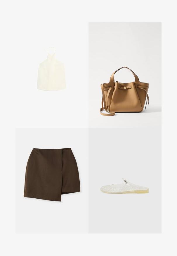 Witte haltertop met een V-vormige halslijn, striksluiting aan de achterkant en een gladde, iets gestructureerde stof zonder versieringen.; By Malene Birger RAYE - A-lijn rok - dark mahogany; Duidelijke kunststof instapschoen met een rasterpatroon, ronde neus en een kleine zilveren accent op de band. Flexibele zool in een doorzichtige kleur.; Tory Burch ROMY PEBBLED SATCHEL - Handtas - tiramisu